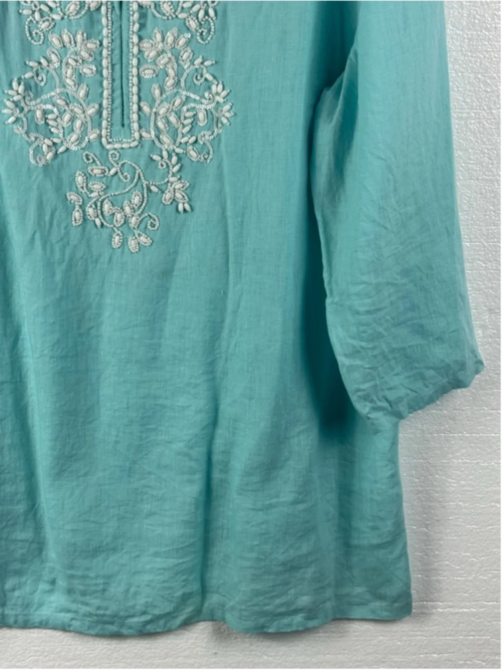 Charter Club aqua blue linen embroidered tunic top - Picture 2 of 9